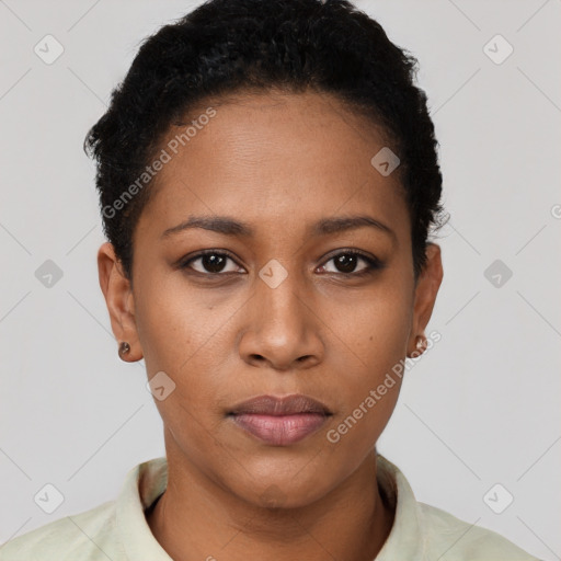 Neutral black young-adult female with short  black hair and brown eyes