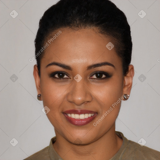 Joyful latino young-adult female with short  brown hair and brown eyes