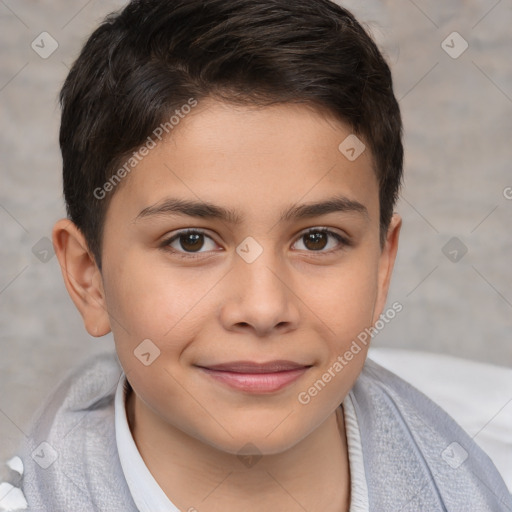 Joyful white child female with short  brown hair and brown eyes