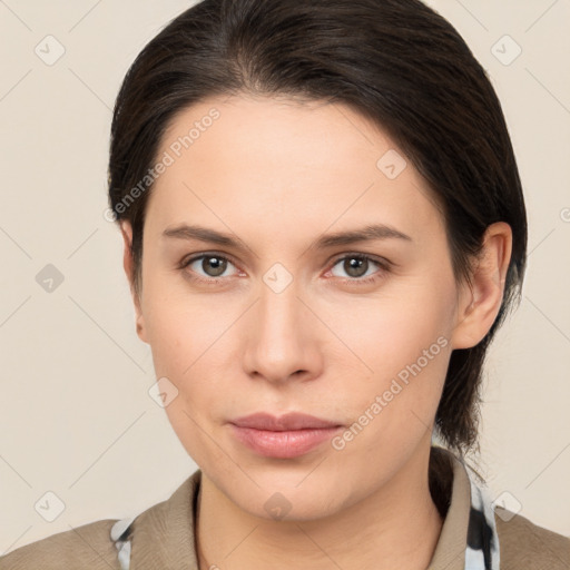 Neutral white young-adult female with medium  brown hair and brown eyes