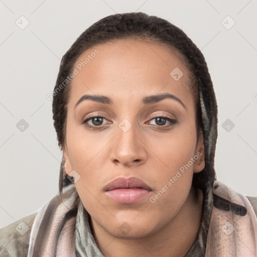 Neutral white young-adult female with long  black hair and brown eyes