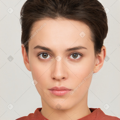 Neutral white young-adult female with short  brown hair and brown eyes