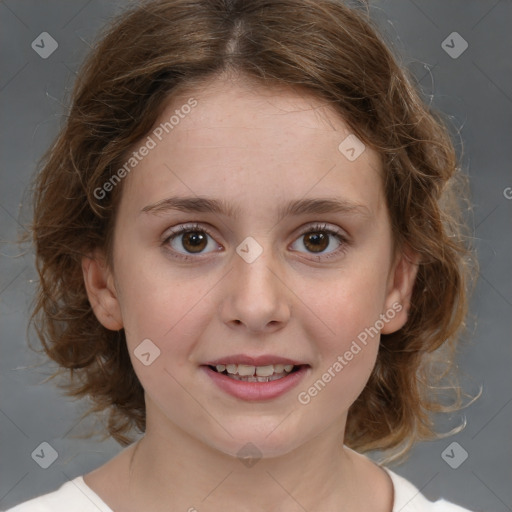 Joyful white child female with medium  brown hair and brown eyes