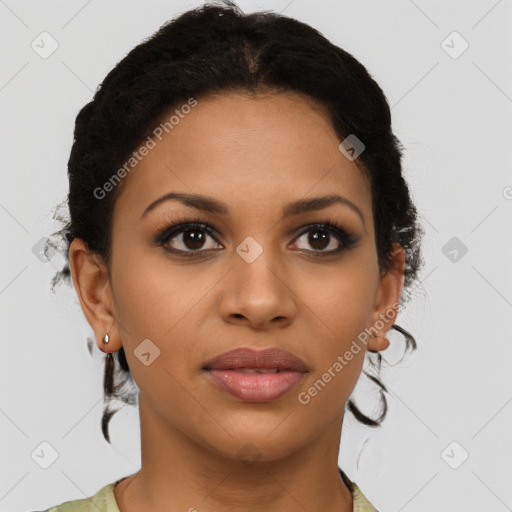 Joyful latino young-adult female with short  brown hair and brown eyes