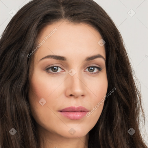 Neutral white young-adult female with long  brown hair and brown eyes