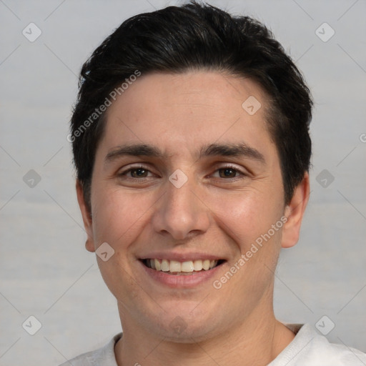 Joyful white young-adult male with short  brown hair and brown eyes