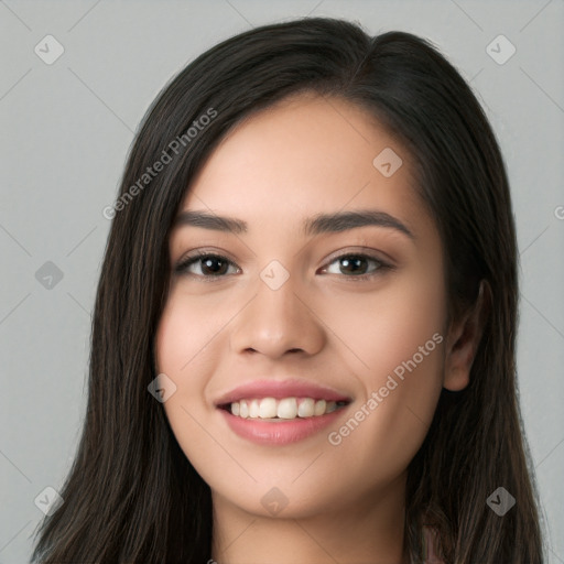 Joyful white young-adult female with long  brown hair and brown eyes