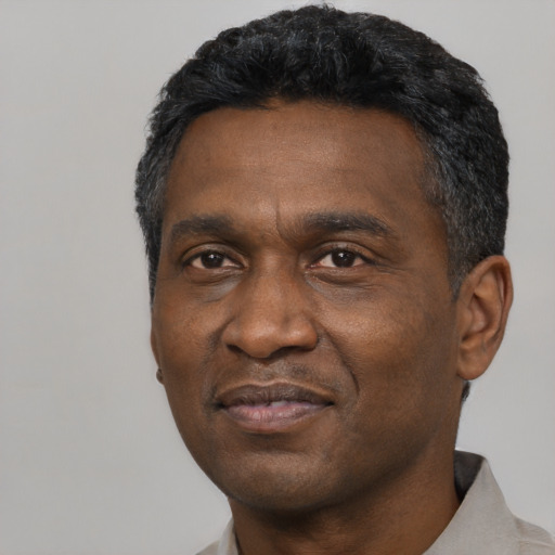 Neutral black adult male with short  black hair and brown eyes