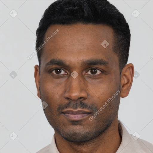 Neutral black young-adult male with short  black hair and brown eyes