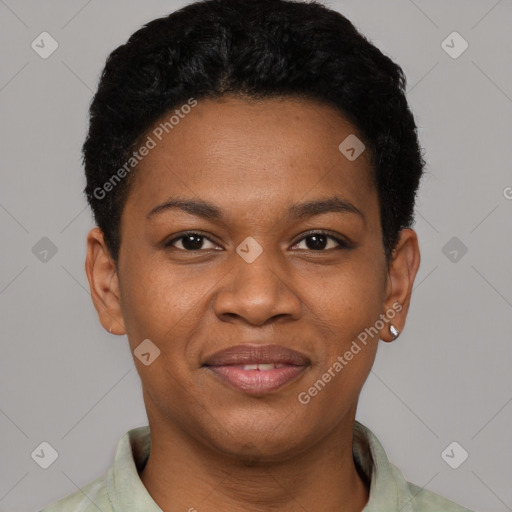 Joyful black young-adult female with short  black hair and brown eyes