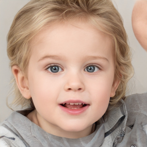 Joyful white child female with medium  brown hair and blue eyes