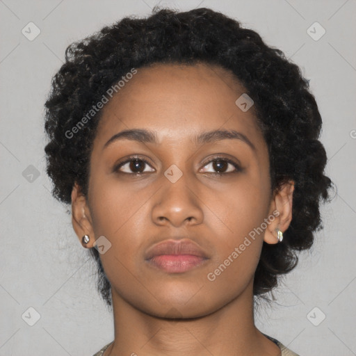 Neutral black young-adult female with short  black hair and brown eyes