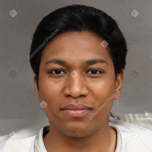 Joyful asian young-adult female with short  black hair and brown eyes