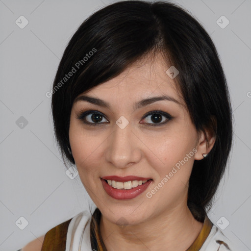 Joyful white young-adult female with medium  black hair and brown eyes