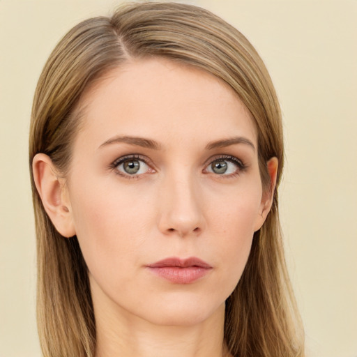 Neutral white young-adult female with long  brown hair and grey eyes