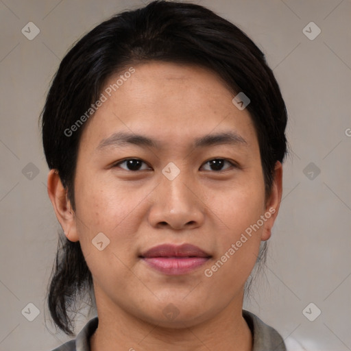 Joyful asian young-adult female with medium  brown hair and brown eyes