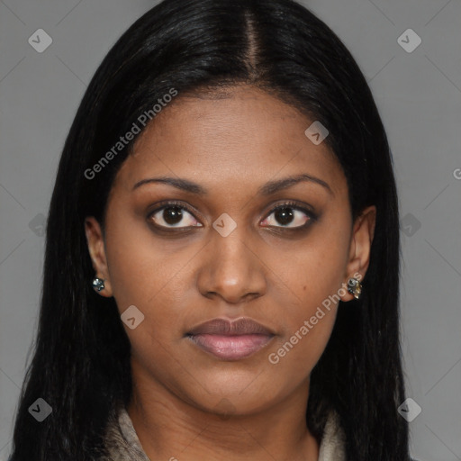 Joyful black young-adult female with long  brown hair and brown eyes