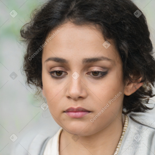 Neutral latino young-adult female with medium  brown hair and brown eyes