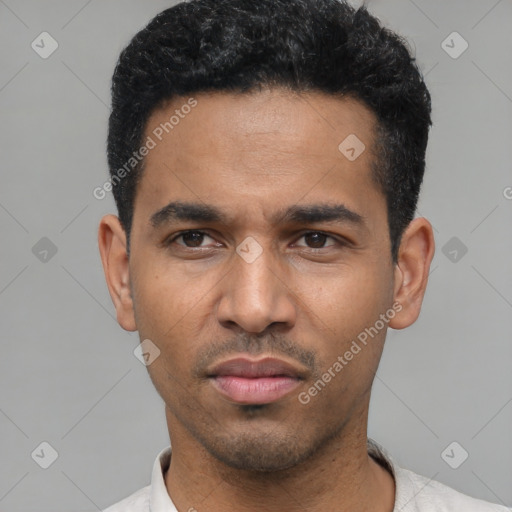 Neutral latino young-adult male with short  black hair and brown eyes