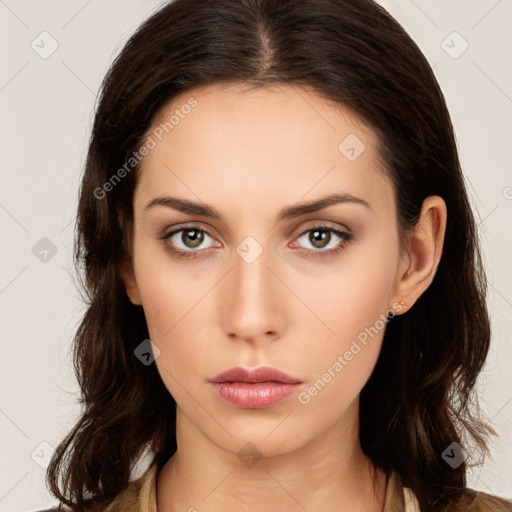 Neutral white young-adult female with medium  brown hair and brown eyes