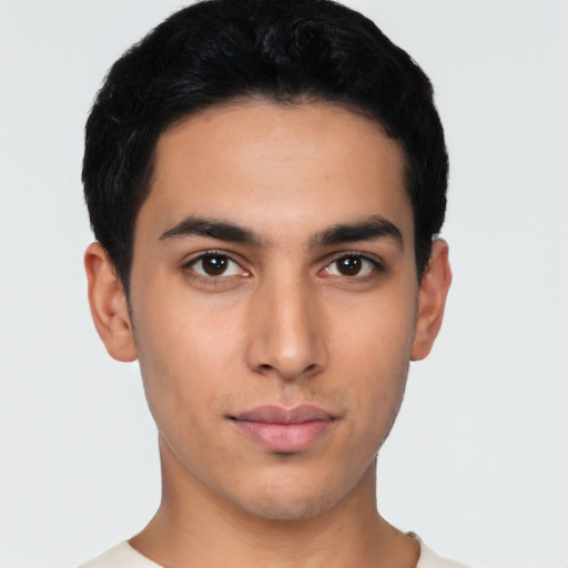 Neutral latino young-adult male with short  black hair and brown eyes