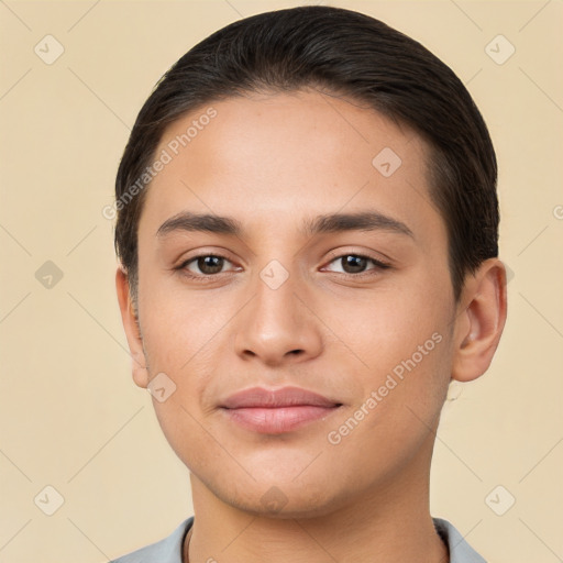 Joyful white young-adult male with short  brown hair and brown eyes