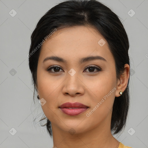 Joyful asian young-adult female with medium  brown hair and brown eyes