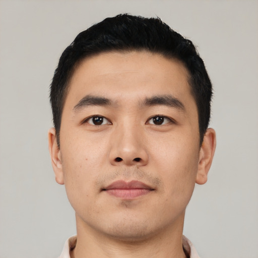 Neutral asian young-adult male with short  black hair and brown eyes