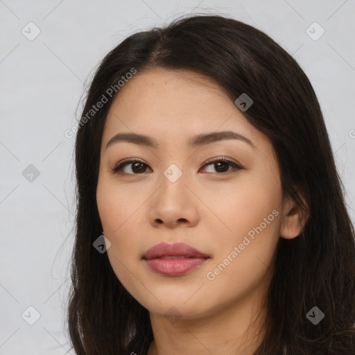 Neutral asian young-adult female with long  brown hair and brown eyes