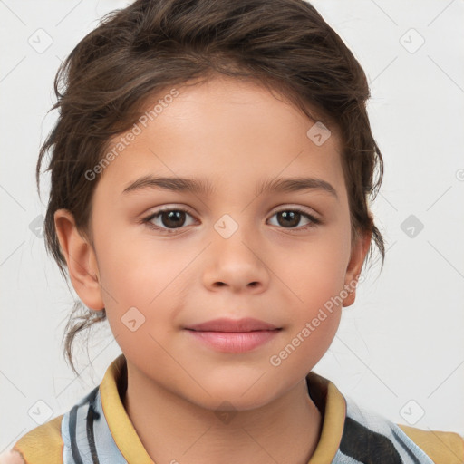 Joyful white child female with medium  brown hair and brown eyes