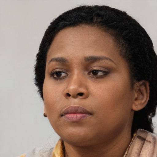 Neutral black young-adult female with short  black hair and brown eyes
