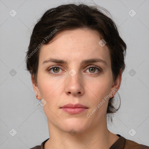 Neutral white young-adult female with medium  brown hair and brown eyes