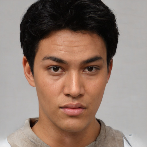 Neutral asian young-adult male with short  black hair and brown eyes