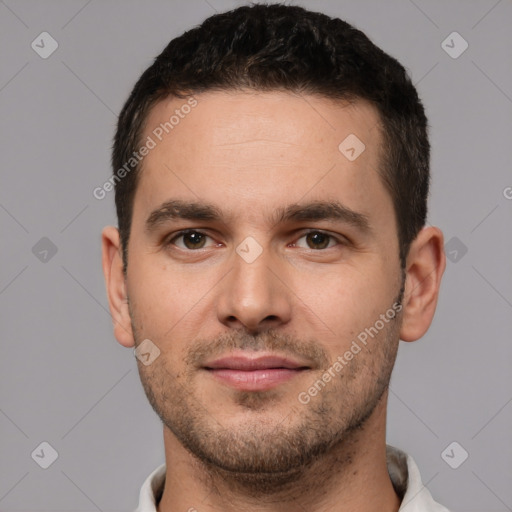 Neutral white young-adult male with short  brown hair and brown eyes