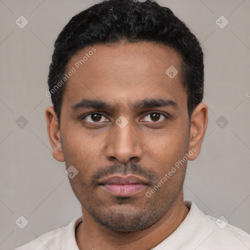 Neutral latino young-adult male with short  black hair and brown eyes