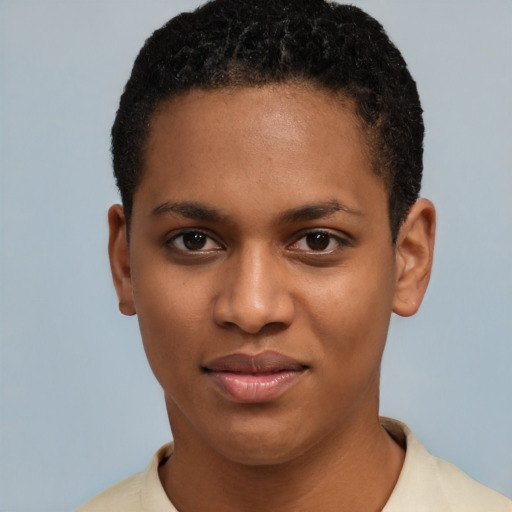 Joyful latino young-adult female with short  black hair and brown eyes