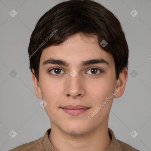 Neutral white young-adult male with short  brown hair and brown eyes