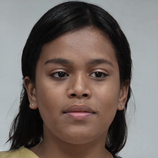 Neutral black young-adult female with medium  brown hair and brown eyes