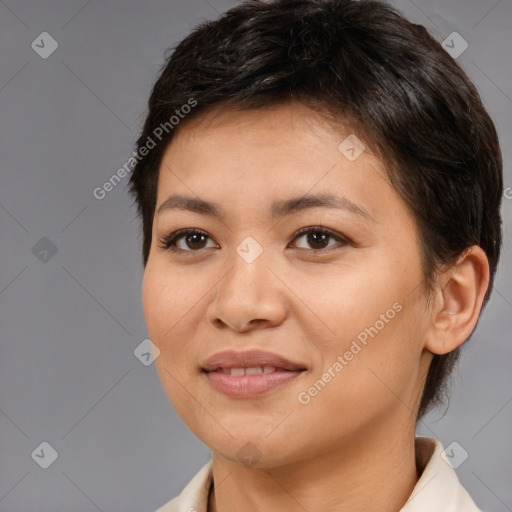 Joyful white young-adult female with medium  brown hair and brown eyes