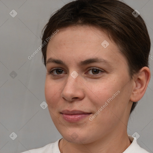 Joyful white young-adult female with short  brown hair and brown eyes