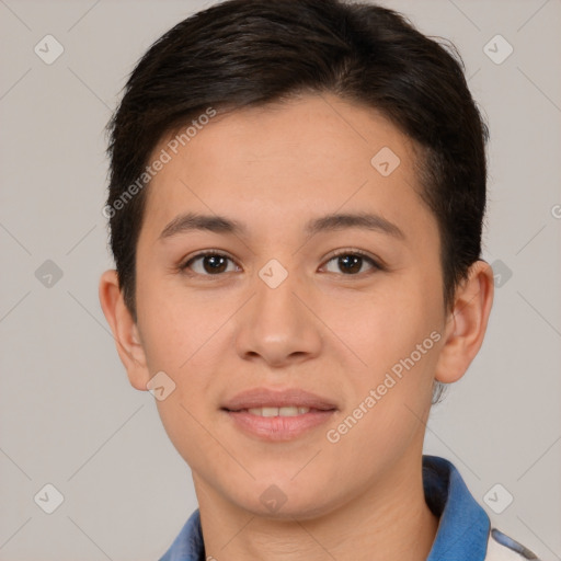 Joyful white young-adult female with short  brown hair and brown eyes