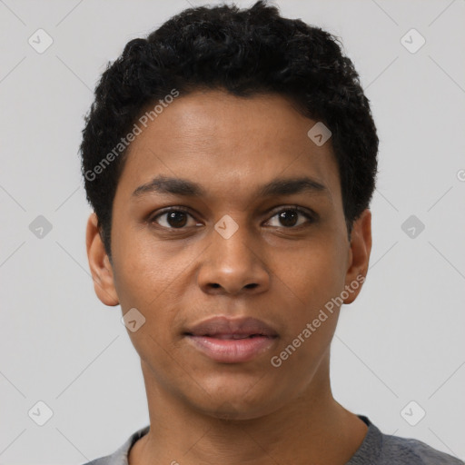 Neutral black young-adult male with short  black hair and brown eyes