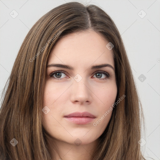 Neutral white young-adult female with long  brown hair and brown eyes