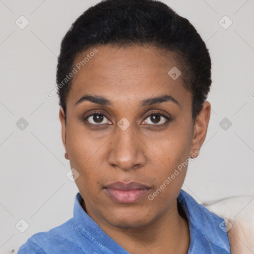 Neutral latino young-adult female with short  black hair and brown eyes