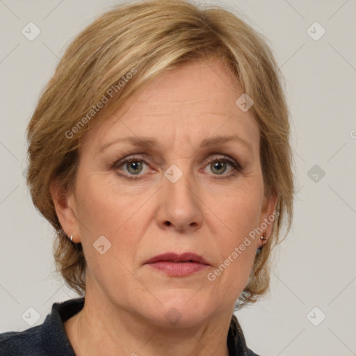 Joyful white adult female with medium  brown hair and grey eyes