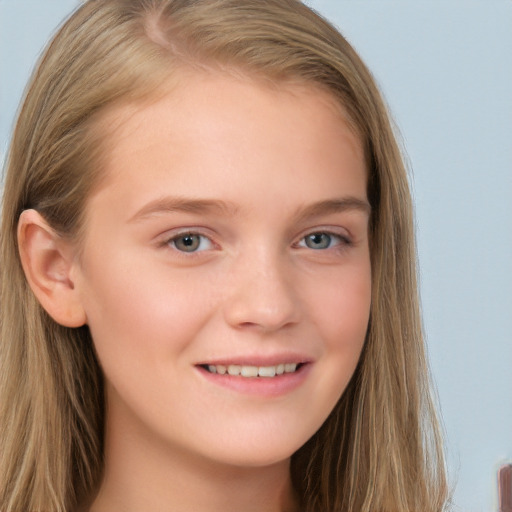 Joyful white child female with long  brown hair and grey eyes