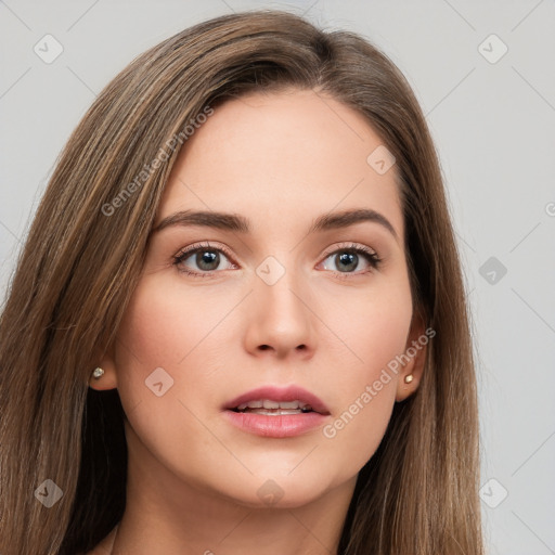 Neutral white young-adult female with long  brown hair and grey eyes