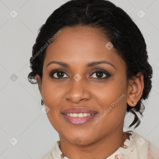 Joyful black young-adult female with medium  brown hair and brown eyes