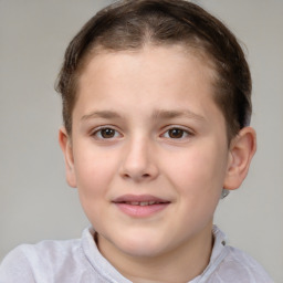 Joyful white child female with short  brown hair and brown eyes