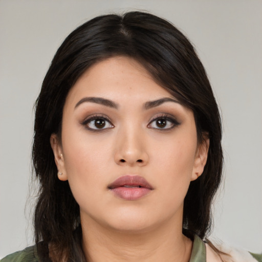 Neutral asian young-adult female with medium  black hair and brown eyes